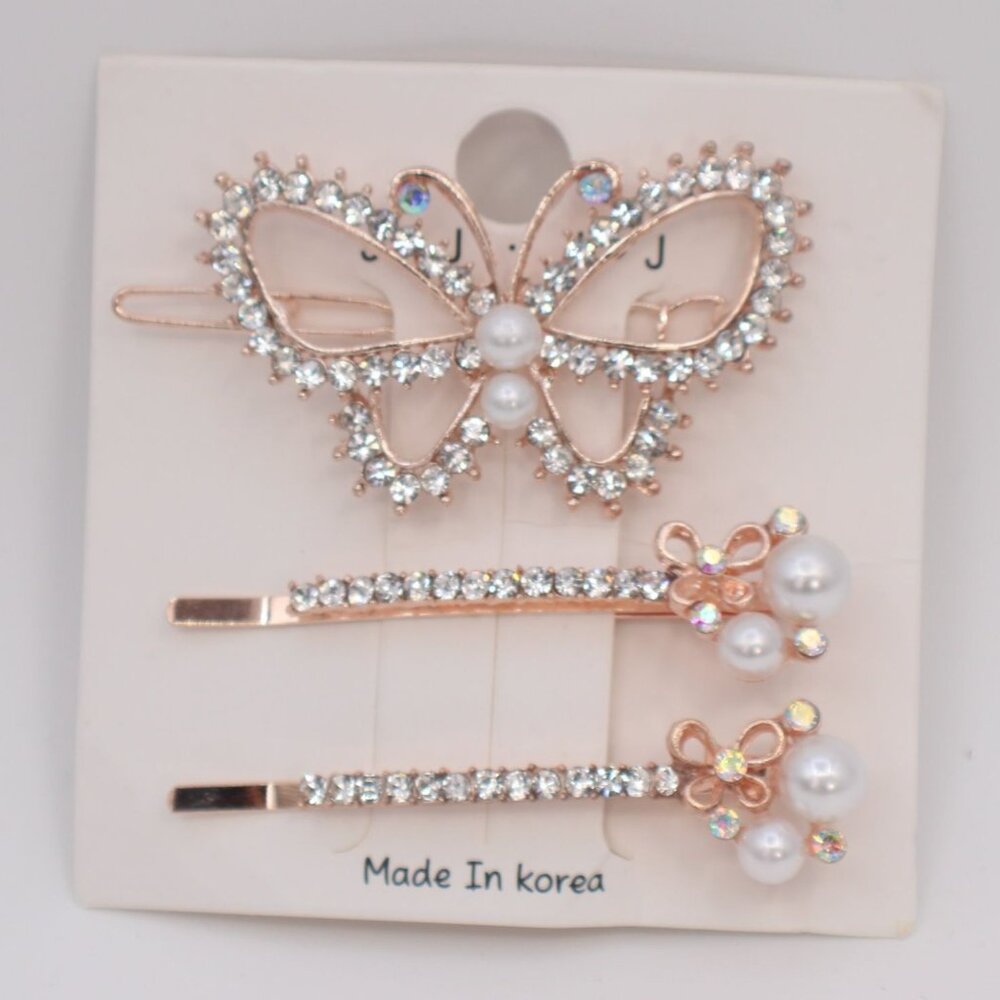 J❤️J Jeweled Butterfly And Straight Hair Clips W/Rhinestones And Faux Pearls